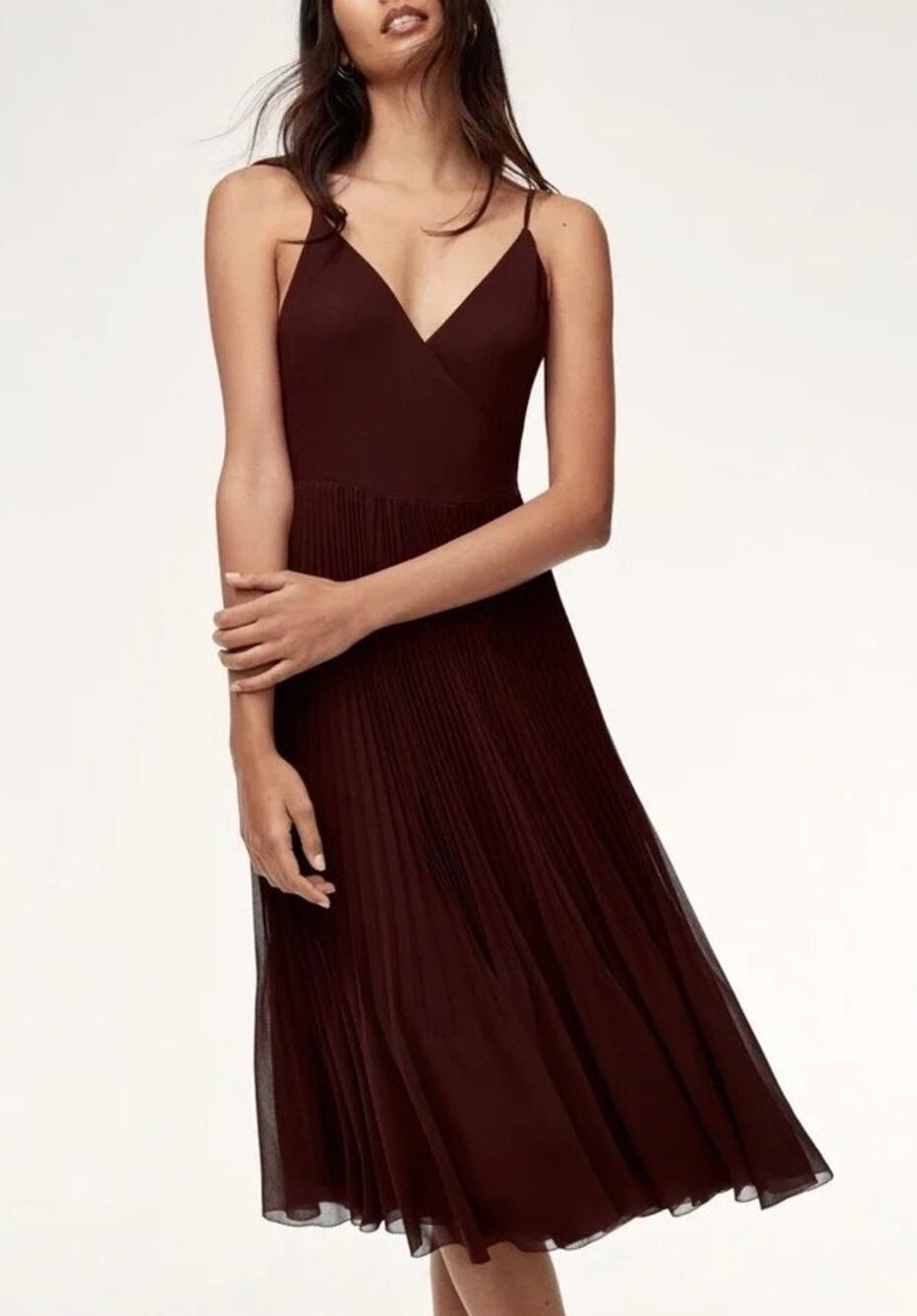 NWT Wilfred Beaune Pleated Wrap Midi Dress XXS Truffle Brown Wedding Guest